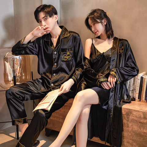 Spring Autumn Couples Pajamas Set Cute Rayon For Women Robe Sets Men Satin Sleepwear Pyjamas Suit Home Clothing Sleep ► Photo 1/6