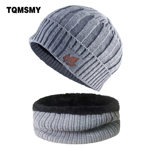 Winter Knitted wool Hats for Men Beanies keep Warm bonnet Maple leaf pattern hat scarf Sets Women Double layer velvet caps gorro ► Photo 1/6