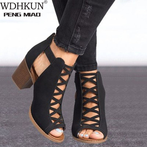 2022 Women Square Heel Sandals Peep Toe Hollow Out Chunky Gladiator Sandals With Strap Black Spring Summer Shoes HVT791 ► Photo 1/6