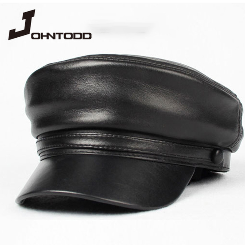 2022 Winter Men/Women Genuine Leather Navy Hats Unisex European/American  Streetwear Fitted Black Caps With