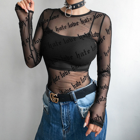 Sexy Women T Shirt See Through Transparent Mesh Tops Long Sleeve Sheer