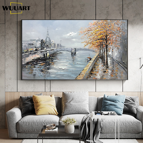 Paintings on canvas handmade wall art canvas riverside scenery oil paintings wall decorative paintings for living room no framed ► Photo 1/6