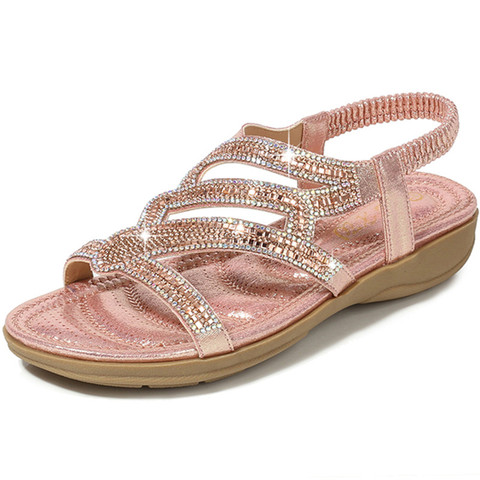 2022 Summer Bohemian Women Sandals Comfortable Wedge Flat Sandals Female Luxury Rhinestones Large Size Beach Women's Shoes New ► Photo 1/1