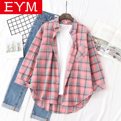 2022 New Cotton Plaid Shirts Women Casual Loose Tops And Blouses Ladies Long Sleeve Large Size One Pocket Blouse Blusas ► Photo 1/6