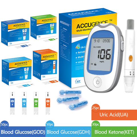 4 in1 MultiFunction Blood Ketone&Uric Acid&Blood glucose(GOD&GDH)meter monitor kit Diabetes Gout Device with Test Strips&Lancets ► Photo 1/6