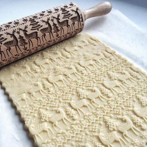 Christmas Embossing Rolling Pin Baking Cookies Noodle Biscuit Fondant Cake Dough Engraved Roller Reindeer Wooden Rolling Pin ► Photo 1/6