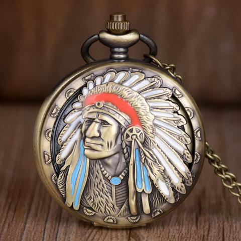 Top Brand Ancient Indian Old Man Colorful Portrait Design Quartz Fob Pocket Watch Bronze Pendant Necklace Chain Souvenir Gifts ► Photo 1/4