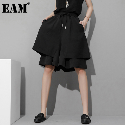 [EAM] High Elastic Waist Black Double Layers Half Length Trousers New Loose Fit Pants Women Fashion Spring Summer 2022 1Z302 ► Photo 1/6