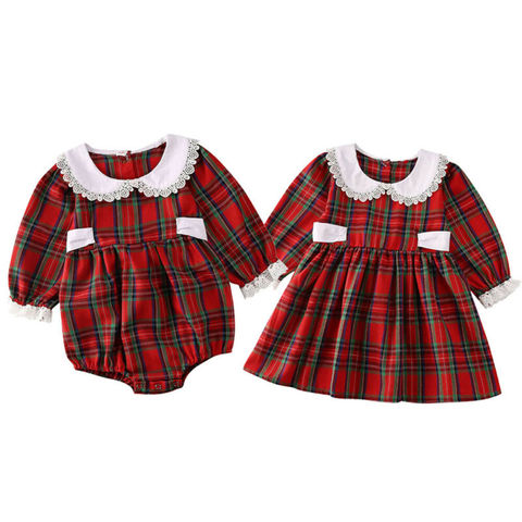 2022 New Winter Christmas Sister Matching Toddler Baby Girl Lace Red Plaid 0-18M Bodysuit 1-6Y Dress Back Bow Long Sleeve ► Photo 1/6