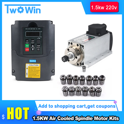 New CNC 1.5kw 220V/110V Air-Cooled Spindle CNC Kit ,1500W Square Air Cooling Spindle Motor + 1.5KW VFD Inverter + 13pcs/set ER11 ► Photo 1/6