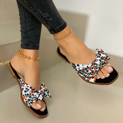 2022 Women Summer Bow slippers Flats Shoes Woman Bohemia Beads Flowers Cross Lace Sandalias Mujer Sapato Feminino D604 ► Photo 1/6