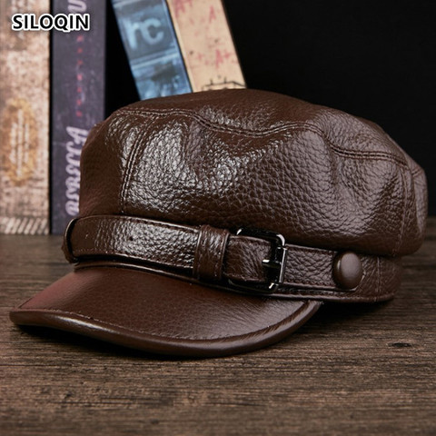 SILOQIN High Quality Genuine Leather Hat Man Woman Autumn Winter Warm Trend Military Hat First Layer Cowhide Flat Cap Couple Hat ► Photo 1/6