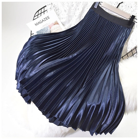 Two Layer Satin Pleated Summer Skirts Womens Metallic High Waist Strechy Midi Skirt Female Casual Jupe 2022 New Fashion A-Line ► Photo 1/6