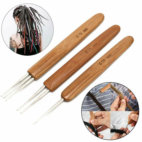 3pcs 0.75mm Double Head Dreadlock Crochet Needle Hook Bamboo Handle Hook Tools Hair Extensions Weaving Tool for Fixing Dreadlock ► Photo 1/6