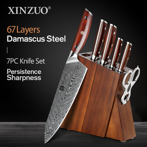 XINZUO Acacia Wood Knife Block Stand Knives Set High Carbon Damascus Steel Knife Holder Accessories Tool with Rosewood Handle ► Photo 1/6