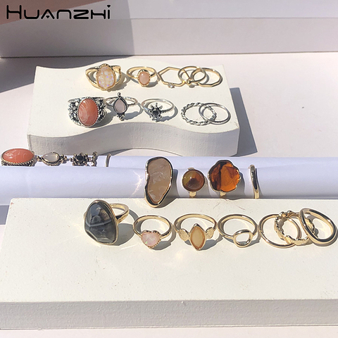 HUANZHI 2022 New Vintage Colorful Stone Daisy Marble Leopard Metal Set Finger Ring Sequins Heart Joint Ring for Women Girl Party ► Photo 1/6