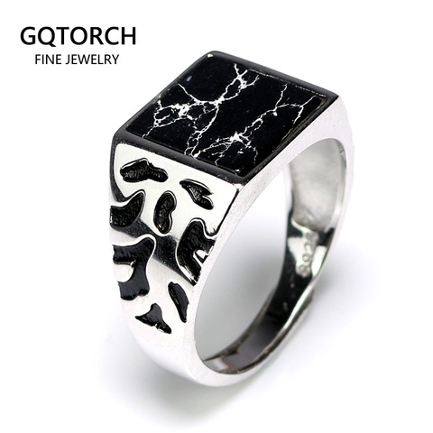 925 Sterling Silver Vintage Men's Rings Adjustable Square Shaped Black Stone Flower Pattern Design Male Turkey Jewelry ► Photo 1/6