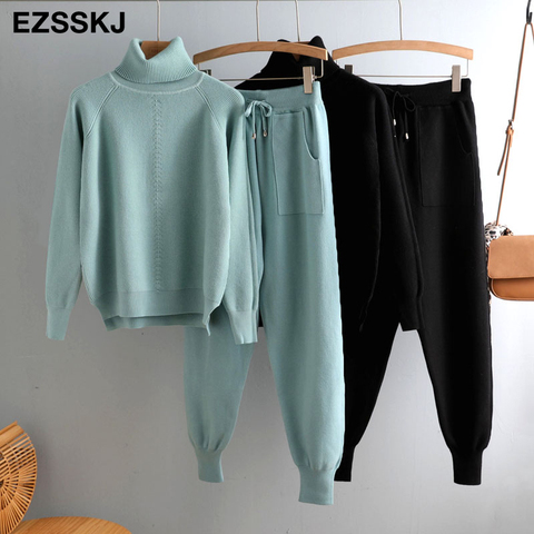casual 2 Pieces sweater Set Women Knitted Turtleneck Sweater + loose Trousers CHIC Pullover Sweater+ Knitted  Carrot pants  Set ► Photo 1/6