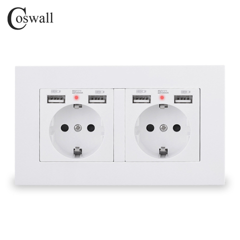 COSWALL Brand 2 Gang Russia Spain EU Standard Wall Socket With 4 USB Charge Port Hidden Soft LED Indicator PC Panel Black White ► Photo 1/6