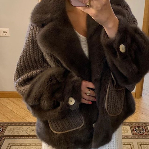 real womens mink fur jacket coat with wool designer with fur cuffs suit casual  short coat with pocket 2022 fashion coats ► Photo 1/6