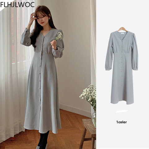 2022 Spring Fenimine Vestidos Women Fashion Korea Chic Japan Style V Neck Single Breasted Button Elegant Long Shirt Dress ► Photo 1/6