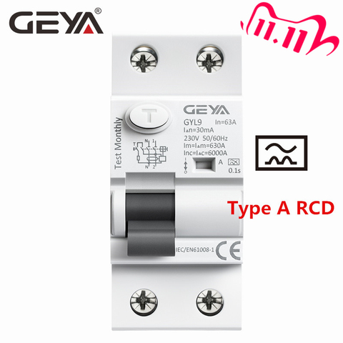 GEYA Type A RCD Residual Current Circuit Breaker AC ELCB 2 Pole 40A 63A 30mA 100mA 300mA RCCB ► Photo 1/6