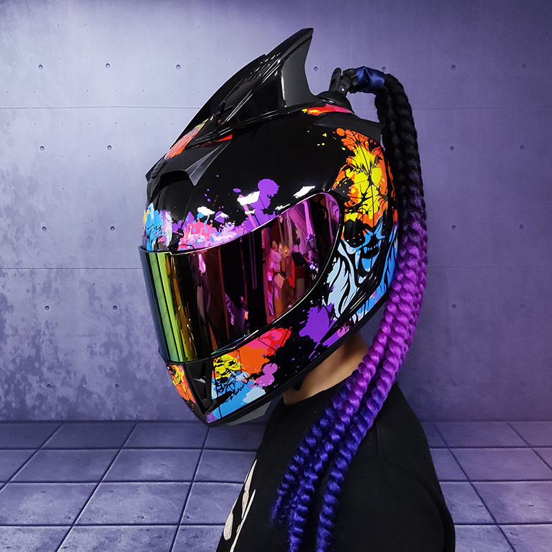 Full face helmet motorcycle riding helmet safety double lens Racing helmet Individuality braids horns ► Photo 1/6