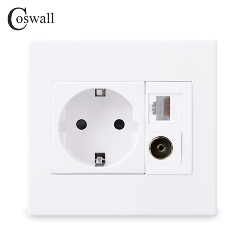 Coswall PC Panel 16A EU Wall Power Socket Grounded With Female TV Connector + 8 Core CAT6 RJ45 Internet Computer Data Outlet ► Photo 1/1