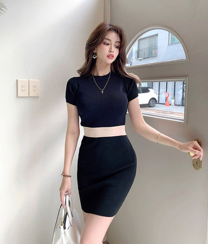 Women's new color matching dress slim slimming elastic short-sleeved knitted bag hip bottoming ► Photo 1/6
