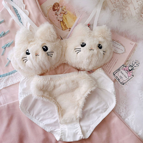 Wriufred  Cute lingerie soft girl pink plush cat embroidery no steel ring gather bra set low waist pure cotton underwear cartoon ► Photo 1/6