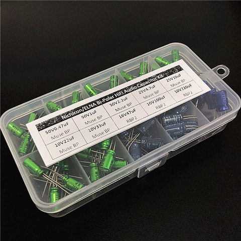 Nichicon/ELNA Muse BP/RBP2 Bi-Polar HiFi Audio Capacitor assorted kit box assortment 10V~50V, 0.47uF~220uF Non-Polar total 95pcs ► Photo 1/3