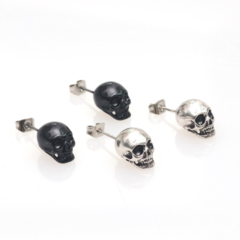 New Fashion stud Earrings For Women Men Jewelry Halloween Ear Post Stud Earrings Antique Silver Color Black Skull 1 Pair ► Photo 1/6
