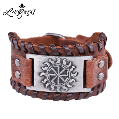 LIKGREAT Wide Leather Cuff Bracelet Gothic Slavic Sun Wheel Sigil of Enochian Charm Bracelet Male Amulet Vintage Wicca Jewelry ► Photo 1/6