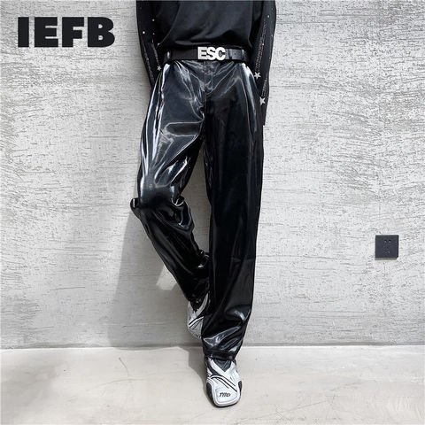 IEFB 20 autumn new net trend personality streetwear bright PU leather trousers side tight waist loose casual pants men's 9Y4703 ► Photo 1/1