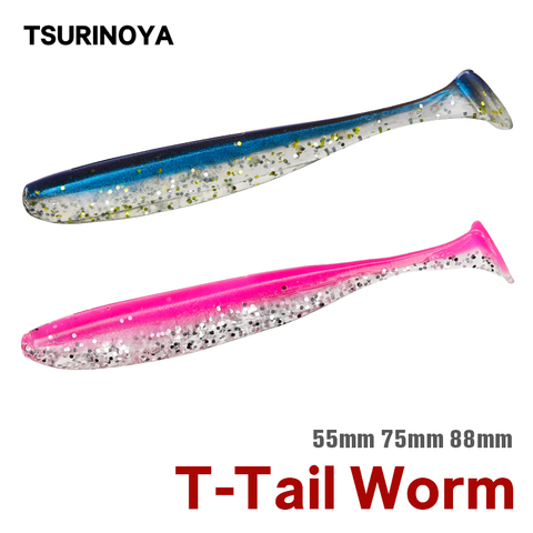 TSURINOYA Fishing Lure 55mm 75mm 88mm T-Tail Worm  Artificial Soft Bait Bass temptation TEXAS RIG DOWNSHOT RIG ► Photo 1/6