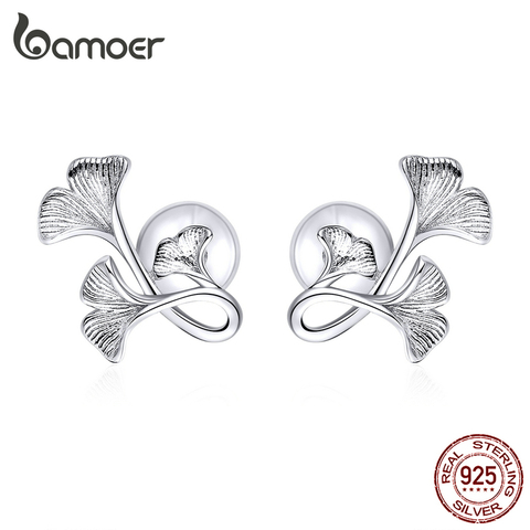 bamoer Silver 925 Design Ginkgo Leaf Stud Earrings for Women Real Sterling Silver Luxury Brand Jewelry Pendiente New BSE328 ► Photo 1/6