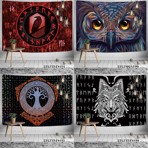 Viking Raven Tapestry Mysterious Viking Meditation Psychedelic Runes Art Wall Hanging Tapestries for Living Room Decor Yoga Mat ► Photo 1/6