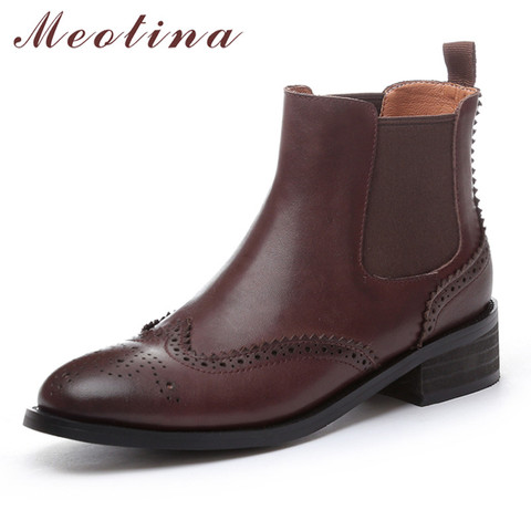 Meotina Chelsea Boots Women Natural Genuine Leather Thick Heels Ankle Boots Winter Autumn Round Toe Brogue Shoes Ladies Size 42 ► Photo 1/6