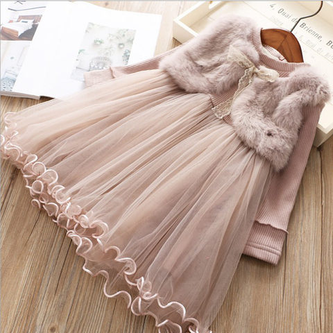 Menoea Girls Mesh Dress Autumn Fashion Children Princess Dress Casual Kids Lace Bow tie Outfit Long Sleeve Wool Children Clothes ► Photo 1/6