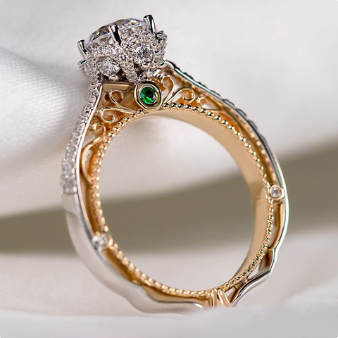 Huitan Luxury Classic 6 Claw Crystal Zircon Ring Women Wedding Jewelry Unique Two Tone Design Elegant Female Engagement Ring Hot ► Photo 1/6