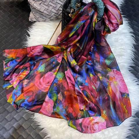 Ladies Pure Silk Long Scarf Cape Fashion Accessories Brand Rose Design Female Scarves Summer Beach Shawl Cover-up Red And Blue ► Photo 1/6