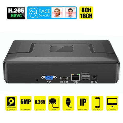 Face Detection H.265 Max 5MP Audio CCTV NVR 16CH 5MP / 9CH 5MP Security Video Recorder H.265 Motion Detect ONVIF P2P CCTV NVR ► Photo 1/6