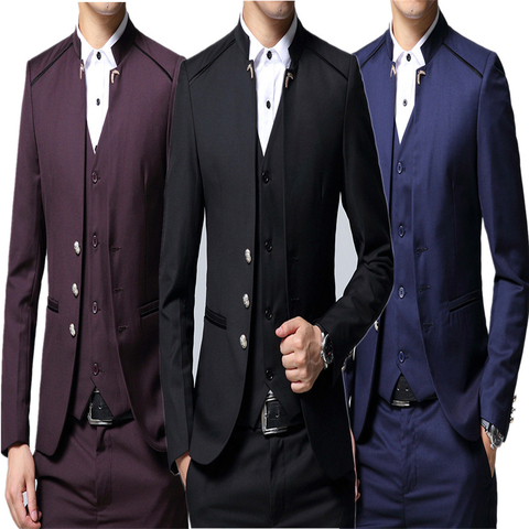 Retro Style Men Autumn Suit 3 Piece Set Red Black Blue Stand-Up Collar Blazer Coat Trousers Vest Wedding Party Male Costume ► Photo 1/6