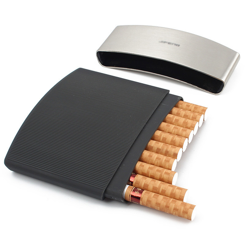 New 1pcs men's business cigarette case Black stainless steel thin cigarette box holder 10 cigarettes Leather Surface ► Photo 1/1