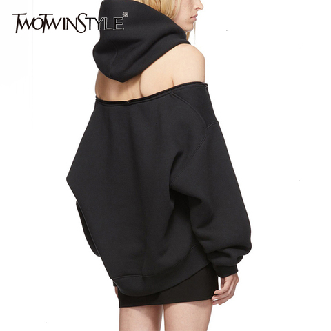 TWOTWINSTYLE Casual Women's Sweatshirts Hooded Long Sleeve Backless Off Shoulder Hoodies For Female 2022 Autumn Fashion Clothing ► Photo 1/6