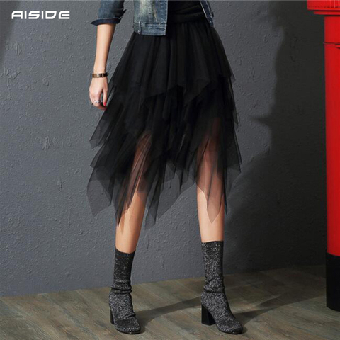 Tulle Skirts Womens Irregular Fashion Korean Elastic High Waist Mesh Tutu Skirt Sexy Pleated Long Skirts Midi Skirts for Women ► Photo 1/6