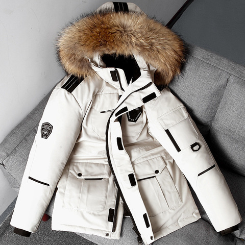 Winter Down Jacket Men White Duck Down Parkas Coat Mid-length Large Fur Collar Down Thicken Coat Snow Outwear -30 Degree ► Photo 1/6