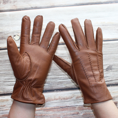 New Men's Buckskin Fashion Velvet Lining Warm Outer Seam Genuine Leather Gloves Outdoor Riding Champagne Gloves ► Photo 1/6