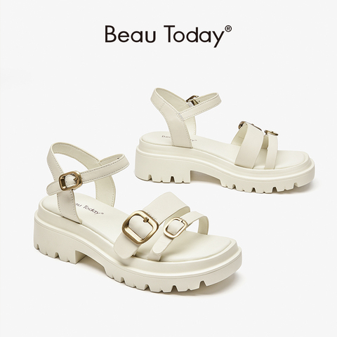 BeauToday Chunky Sandals Gladiator Women Cow Leather Platform Shoes Metal Buckle Ankle Straps Ladies Summer Flats Handmade 38156 ► Photo 1/6