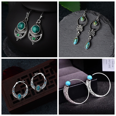 Vintage Style Round Drop Earrings Stone Earring For Women silver Color Jewelry New Oorbellen ► Photo 1/6